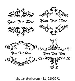 Decorative monograms and calligraphic borders. Template signage, logos, labels, stickers, cards. Graphic design page. Classic design elements for wedding invitations