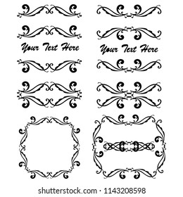 Decorative monograms and calligraphic borders. Template signage, logos, labels, stickers, cards. Graphic design page. Classic design elements for wedding invitations