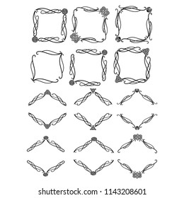 Decorative monograms and calligraphic borders. Template signage, logos, labels, stickers, cards. Graphic design page. Classic design elements for wedding invitations