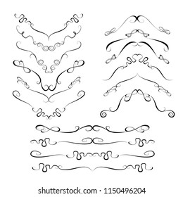 Decorative monograms and calligraphic borders. Template signage, logos, labels, stickers, cards. Graphic design page. Classic design elements for wedding invitations