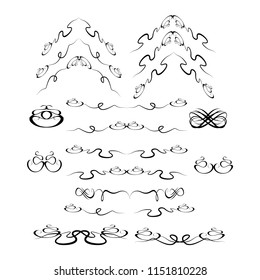 Decorative monograms and calligraphic borders. Template signage, logos, labels, stickers, cards. Graphic design page. Classic design elements for wedding invitations