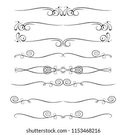Decorative monograms and calligraphic borders. Template signage, logos, labels, stickers, cards. Graphic design page. Classic design elements for wedding invitations