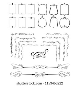 Decorative monograms and calligraphic borders. Template signage, logos, labels, stickers, cards. Graphic design page. Classic design elements for wedding invitations