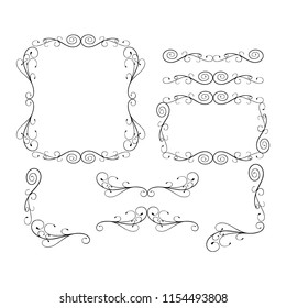 
 Decorative monograms and calligraphic borders. Template signage, logos, labels, stickers, cards. Graphic design page. Classic design elements for wedding invitations