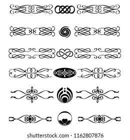  Decorative monograms and calligraphic borders. Template signage, logos, labels, stickers, cards. Graphic design page. Classic design elements for wedding invitations
