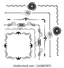  Decorative monograms and calligraphic borders. Template signage, logos, labels, stickers, cards. Graphic design page. Classic design elements for wedding invitations