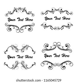 Decorative monograms and calligraphic borders. Template signage, logos, labels, stickers, cards. Graphic design page. Classic design elements for wedding invitations