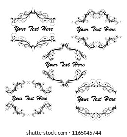 Decorative monograms and calligraphic borders. Template signage, logos, labels, stickers, cards. Graphic design page. Classic design elements for wedding invitations