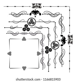  Decorative monograms and calligraphic borders. Template signage, logos, labels, stickers, cards. Graphic design page. Classic design elements for wedding invitations