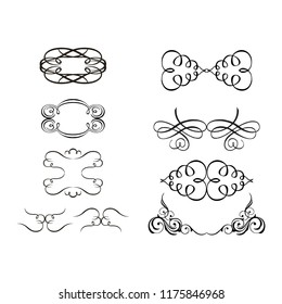  Decorative monograms and calligraphic borders. Template signage, logos, labels, stickers, cards. Graphic design page. Classic design elements for wedding invitations