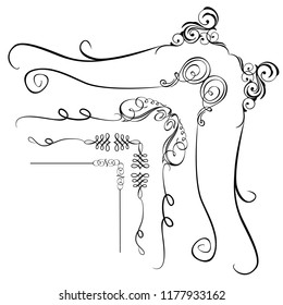 Decorative monograms and calligraphic borders. Template signage, logos, labels, stickers, cards. Graphic design page. Classic design elements for wedding invitations.