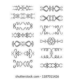 Decorative monograms and calligraphic borders. Template signage, logos, labels, stickers, cards. Graphic design page. Classic design elements for wedding invitations