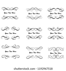 Decorative monograms and calligraphic borders. Template signage, logos, labels, stickers, cards. Graphic design page. Classic design elements for wedding invitations.