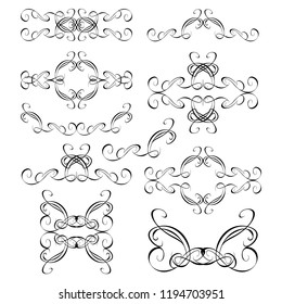 Decorative monograms and calligraphic borders. Template signage, logos, labels, stickers, cards. Graphic design page. Classic design elements for wedding invitations.