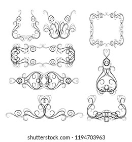 Decorative monograms and calligraphic borders. Template signage, logos, labels, stickers, cards. Graphic design page. Classic design elements for wedding invitations.