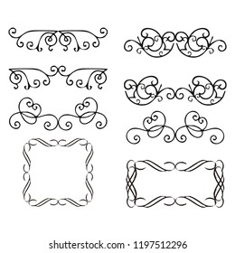 Decorative monograms and calligraphic borders. Template signage, logos, labels, stickers, cards. Graphic design page. Classic design elements for wedding invitations.