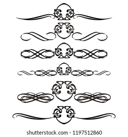 Decorative monograms and calligraphic borders. Template signage, logos, labels, stickers, cards. Graphic design page. Classic design elements for wedding invitations.