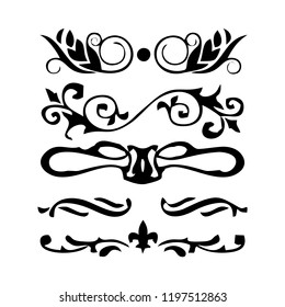 Decorative monograms and calligraphic borders. Template signage, logos, labels, stickers, cards. Graphic design page. Classic design elements for wedding invitations.