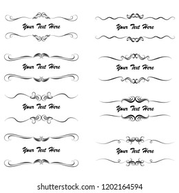 Decorative monograms and calligraphic borders. Template signage, logos, labels, stickers, cards. Graphic design page. Classic design elements for wedding invitations.