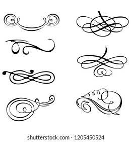 Decorative monograms and calligraphic borders. Template signage, logos, labels, stickers, cards. Graphic design page. Classic design elements for wedding invitations.