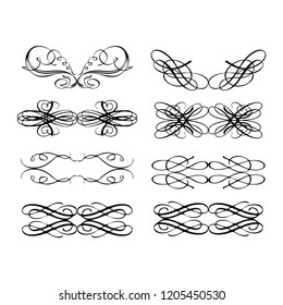 Decorative monograms and calligraphic borders. Template signage, logos, labels, stickers, cards. Graphic design page. Classic design elements for wedding invitations.