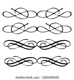 Decorative monograms and calligraphic borders. Template signage, logos, labels, stickers, cards. Graphic design page. Classic design elements for wedding invitations.