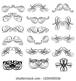 Decorative monograms and calligraphic borders. Template signage, logos, labels, stickers, cards. Graphic design page. Classic design elements for wedding invitations.