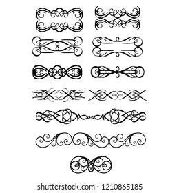 Decorative monograms and calligraphic borders. Template signage, logos, labels, stickers, cards. Graphic design page. Classic design elements for wedding invitations.