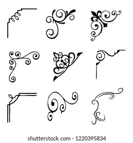 Decorative monograms and calligraphic borders. Template signage, logos, labels, stickers, cards. Graphic design page. Classic design elements for wedding invitations.