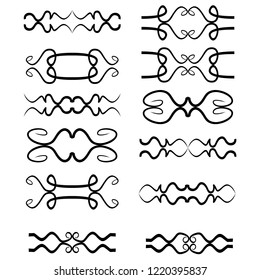 Decorative monograms and calligraphic borders. Template signage, logos, labels, stickers, cards. Graphic design page. Classic design elements for wedding invitations.