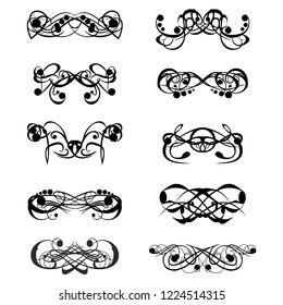 Decorative monograms and calligraphic borders. Template signage, logos, labels, stickers, cards. Graphic design page. Classic design elements for wedding invitations.