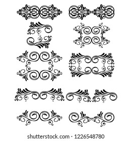 Decorative monograms and calligraphic borders. Template signage, logos, labels, stickers, cards. Graphic design page. Classic design elements for wedding invitations