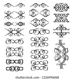 Decorative monograms and calligraphic borders. Template signage, logos, labels, stickers, cards. Graphic design page. Classic design elements for wedding invitations.