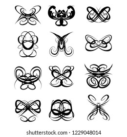  Decorative monograms and calligraphic borders. Template signage, logos, labels, stickers, cards. Graphic design page. Classic design elements for wedding invitations