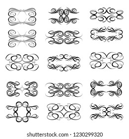 Decorative monograms and calligraphic borders. Template signage, logos, labels, stickers, cards. Graphic design page. Classic design elements for wedding invitations.