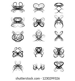 Decorative monograms and calligraphic borders. Template signage, logos, labels, stickers, cards. Graphic design page. Classic design elements for wedding invitations.