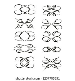 Decorative monograms and calligraphic borders. Template signage, logos, labels, stickers, cards. Graphic design page. Classic design elements for wedding invitations