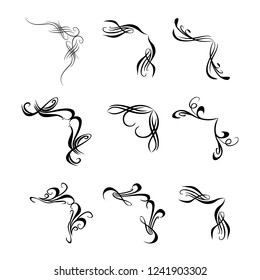 Decorative monograms and calligraphic borders. Template signage, logos, labels, stickers, cards. Graphic design page. Classic design elements for wedding invitations