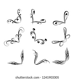 Decorative monograms and calligraphic borders. Template signage, logos, labels, stickers, cards. Graphic design page. Classic design elements for wedding invitations