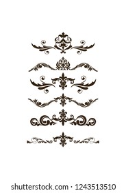 Decorative monograms and calligraphic borders. Template signage, logos, labels, stickers, cards. Graphic design page. Classic design elements for wedding invitations