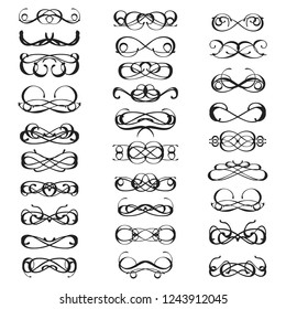 Decorative monograms and calligraphic borders. Template signage, logos, labels, stickers, cards. Graphic design page. Classic design elements for wedding invitations