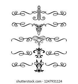 Decorative monograms and calligraphic borders. Template signage, logos, labels, stickers, cards. Graphic design page. Classic design elements for wedding invitations.