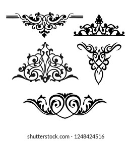 Decorative monograms and calligraphic borders. Template signage, logos, labels, stickers, cards. Graphic design page. Classic design elements for wedding invitations.