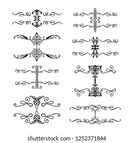 Decorative monograms and calligraphic borders. Template signage, logos, labels, stickers, cards. Graphic design page. Classic design elements for wedding invitations
