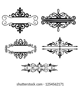 
 Decorative monograms and calligraphic borders. Template signage, logos, labels, stickers, cards. Graphic design page. Classic design elements for wedding invitations.