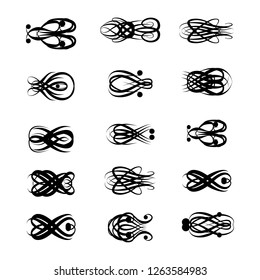  Decorative monograms and calligraphic borders. Template signage, logos, labels, stickers, cards. Graphic design page. Classic design elements for wedding invitations.