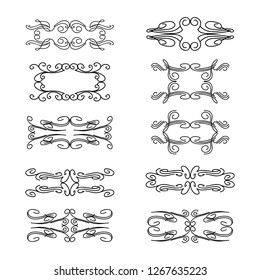  Decorative monograms and calligraphic borders. Template signage, logos, labels, stickers, cards. Graphic design page. Classic design elements for wedding invitations