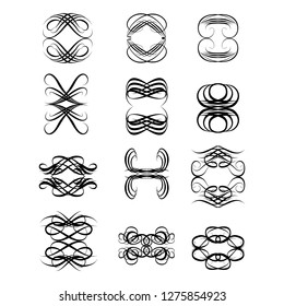 Decorative monograms and calligraphic borders. Template signage, logos, labels, stickers, cards. Graphic design page. Classic design elements for wedding invitations.