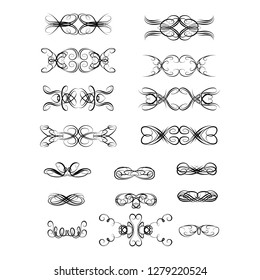 Decorative monograms and calligraphic borders. Template signage, logos, labels, stickers, cards. Graphic design page. Classic design elements for wedding invitations.