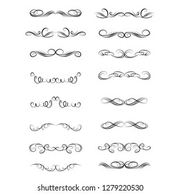 Decorative monograms and calligraphic borders. Template signage, logos, labels, stickers, cards. Graphic design page. Classic design elements for wedding invitations.